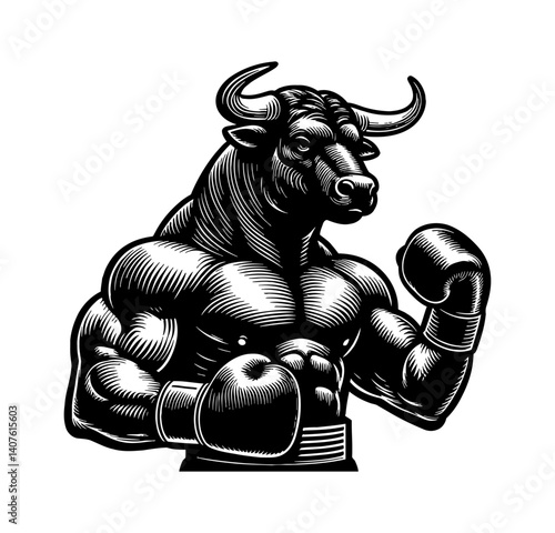 Cow or Bull in a Boxing Pose Ready to Fight Competitively, Isolated on Black Background