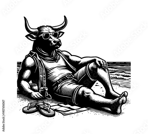 Cow relaxing on beach wearing trendy clothes, enjoying the sun with a chilling mood