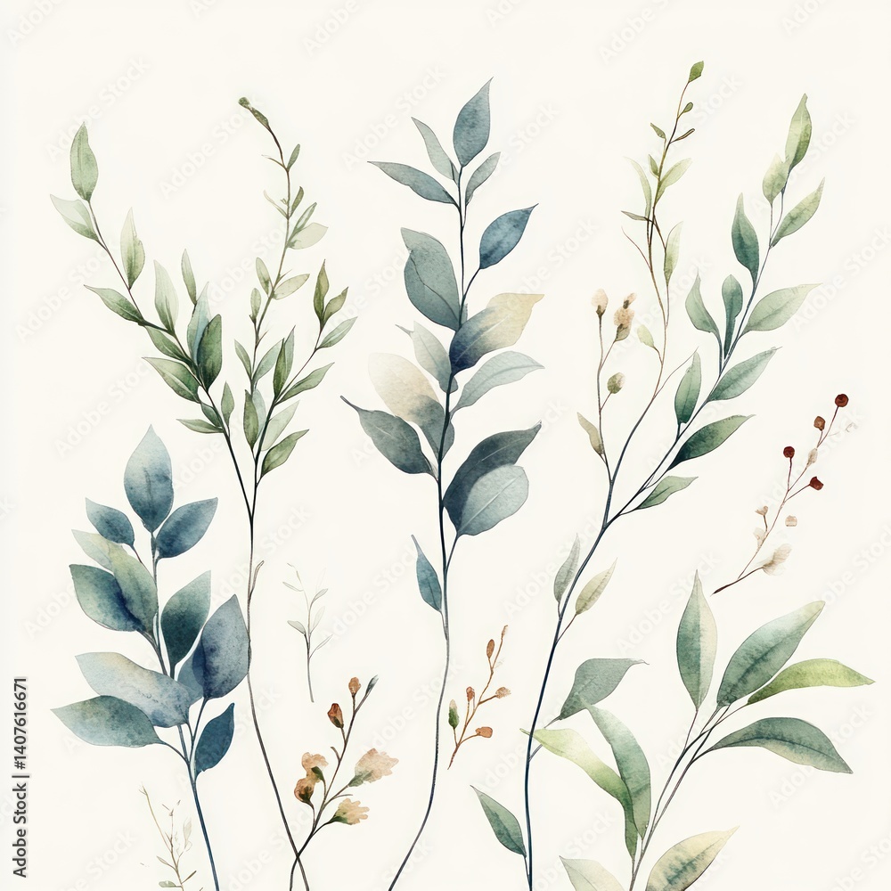 Naklejka premium Watercolor Botanical Illustration of Dry Herbs with Plants Grass Berries Fern Leaves Seamless Pattern