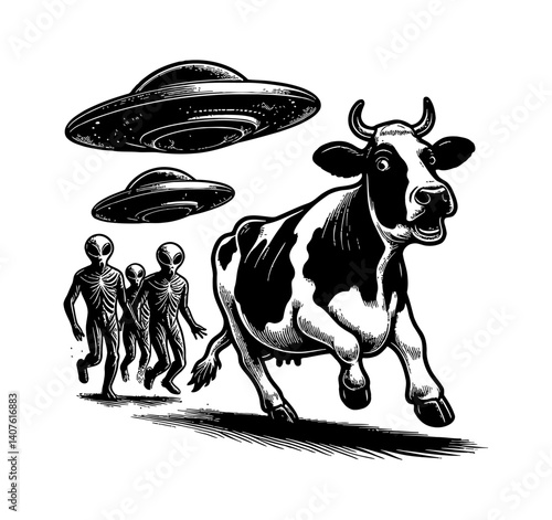 Cow and Bull escaping from a UFO with aliens, flying away to freedom illustration