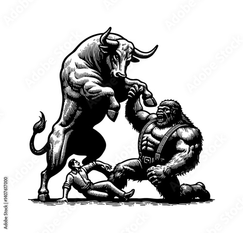 Cow or Bull Fighting a Giant Monster Illustration, Action Scene, Epic Battle, Aggressive