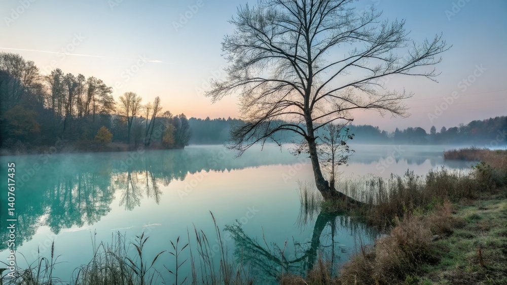 Fototapeta premium Early morning mist shrouds a tranquil turquoise lake, reflecting bare trees in its calm surface.