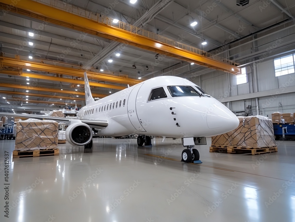 Air freight aircraft in hangar with logistics crew loading special cargo Air freight aircraft in hangar with logistics crew loading special cargo