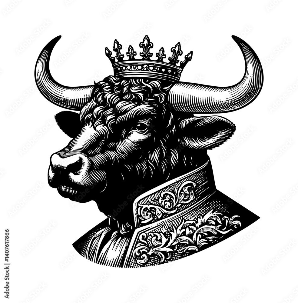Fototapeta premium Cow Head in Royal Attire, a Majestic and Regal Animal Portrait with Detailed Costume