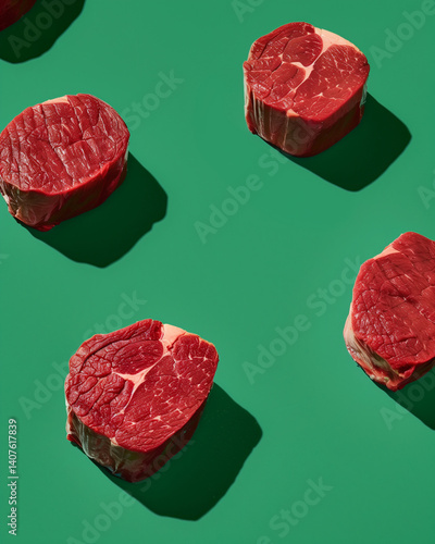 Cubes of raw red meat on a green background.