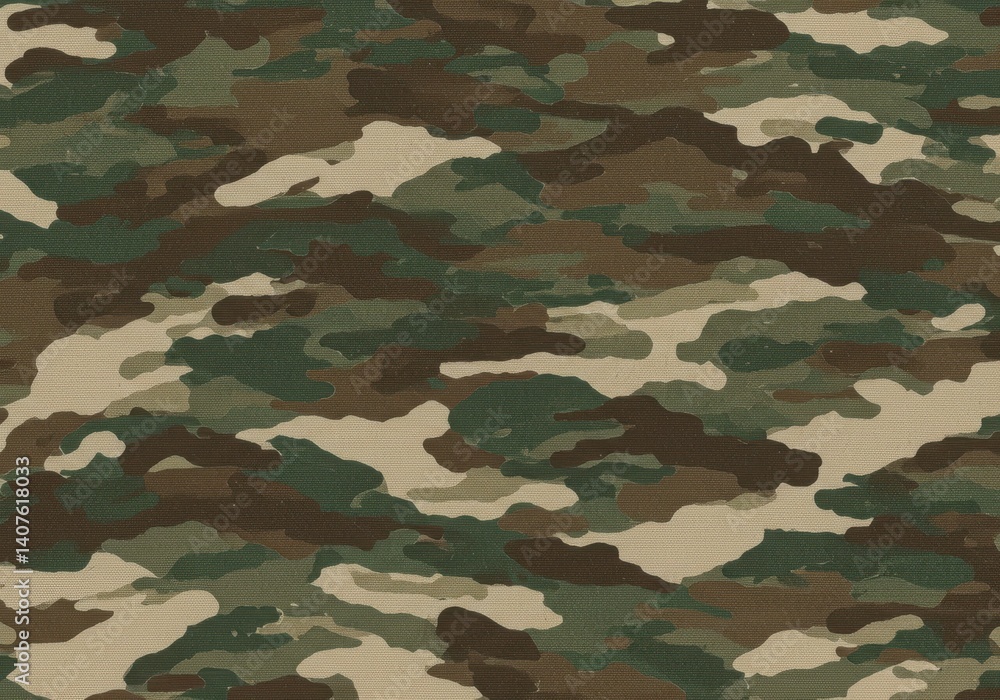A repeating camouflage pattern with green brown and beige blotches creating a textured surface look A repeating camouflage pattern with green brown and beige blotches creating a textured surface look