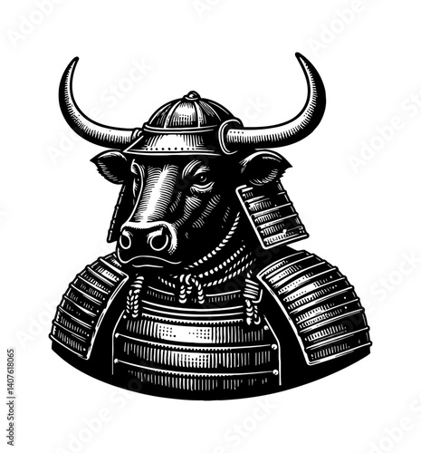Cow Samurai Warrior Mascot in Armor with Helmet Illustration Art Design