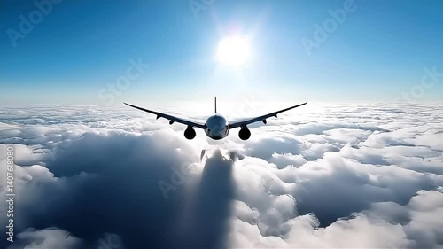 Flying Plane Above the Clouds Aerial View Underneath Bright Sky
