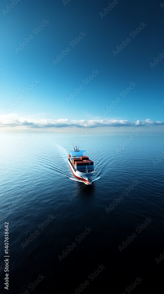 Obraz premium Freight transport by sea, cargo ship with containers on smooth water and morning light