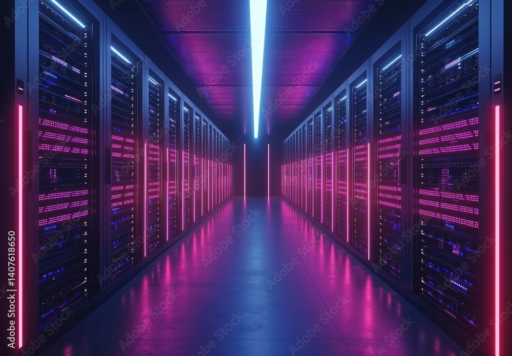 Symmetrical neon server room glowing in pink and blue, reflecting on polished floors. Ideal for AI, cloud computing, data storage, and futuristic IT concepts Symmetrical neon server room glowing in pink and blue, reflecting on polished floors. Ideal for AI, cloud computing, data storage, and futuristic IT concepts
