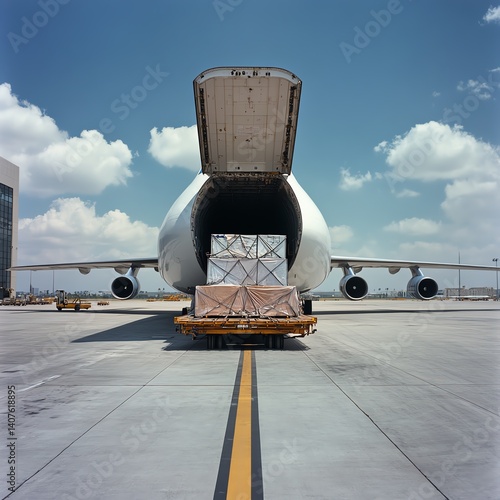 Large air cargo plane with open hatch and containers being loaded at airport