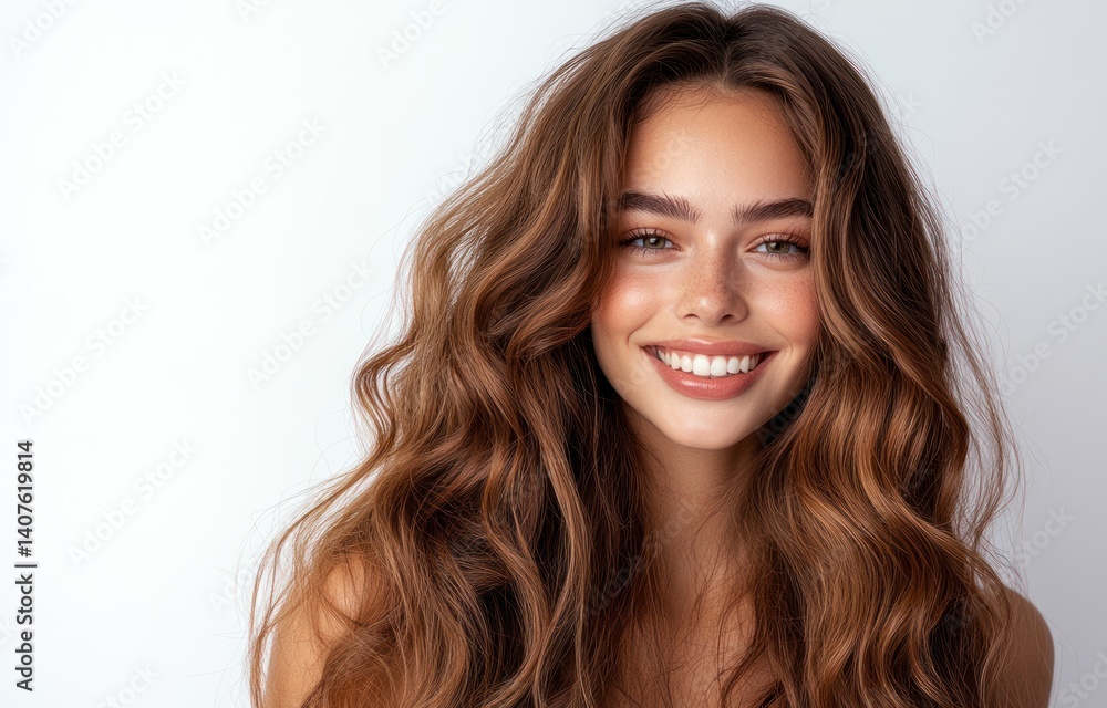 Smiling woman with long wavy brown hair poses against a white background. Smiling woman with long wavy brown hair poses against a white background.