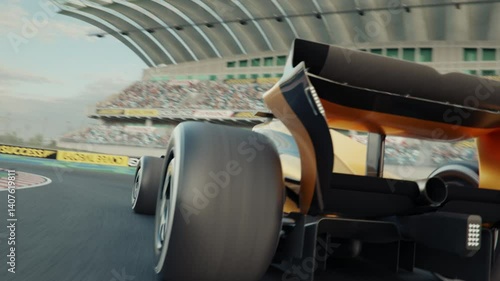 Race car POV shot following and trying to overtake a generic race car. 3D animation rendering. New 2025 black and gold race car design