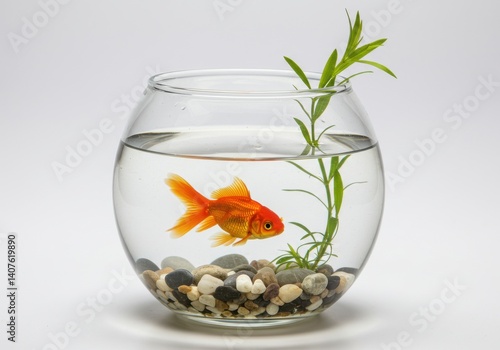 Wallpaper Mural A goldfish swimming in a clear bowl with rocks and a green plant against a white background scene setting Torontodigital.ca