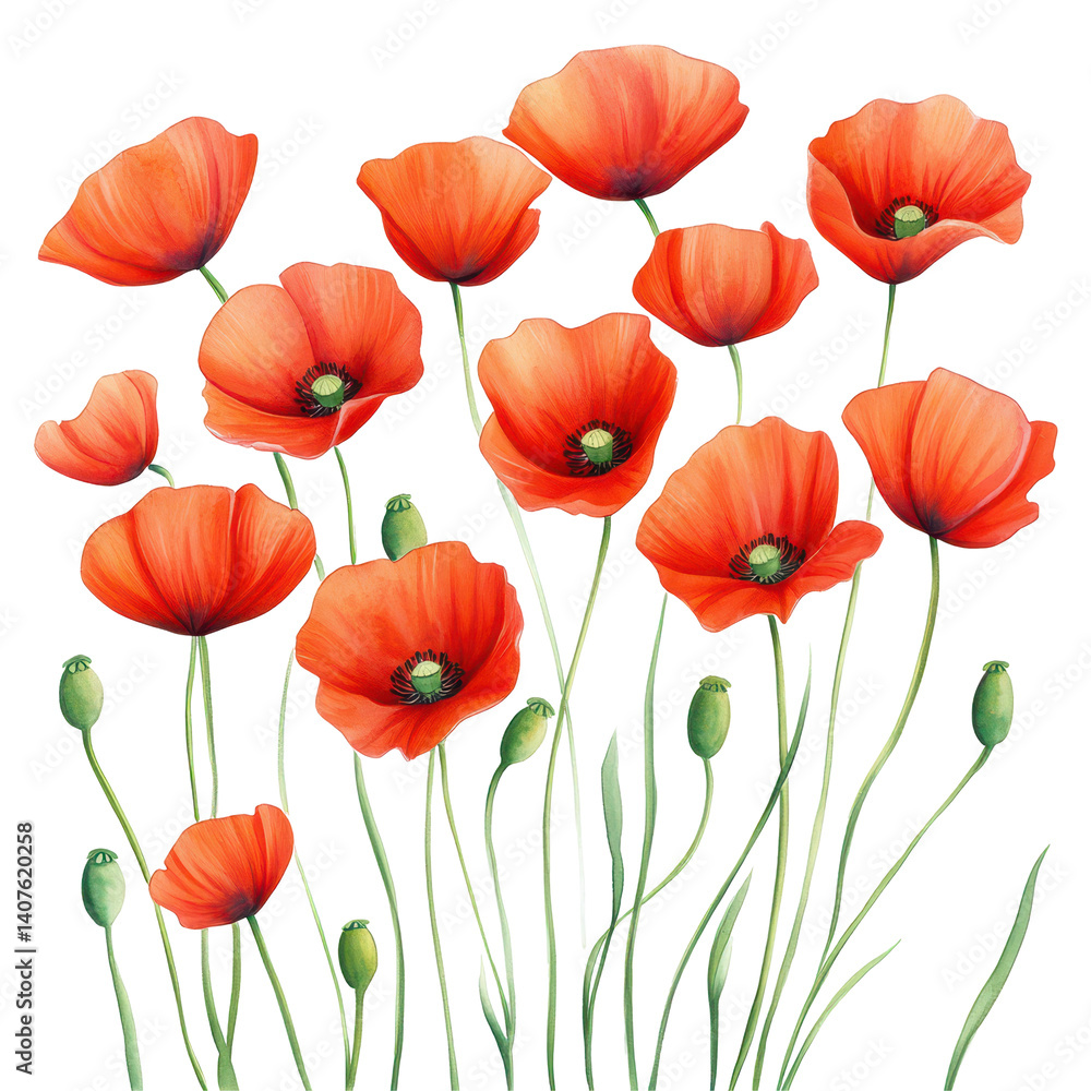 Fototapeta premium Vibrant Poppies: A captivating collection of exquisite red poppies, each a vibrant splash of color against a delicate backdrop. This image exudes delicate charm.