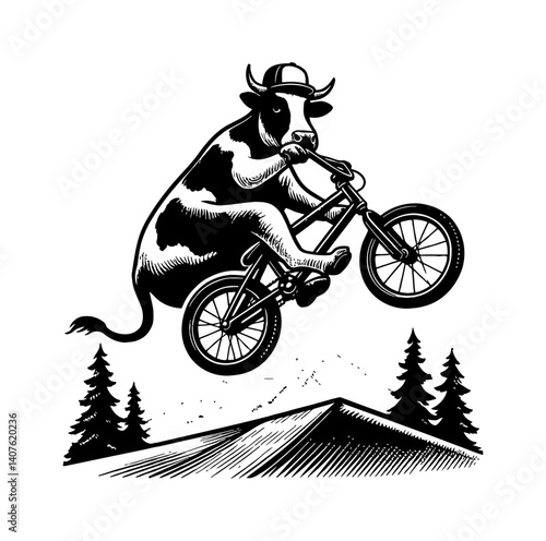 Cow with hat and sunglasses rides a freestyle BMX jump in the air cheerfully