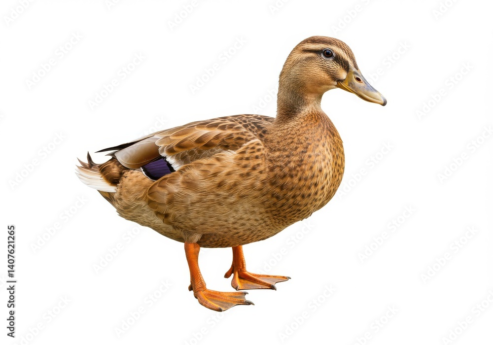 A female mallard duck standing on a white background in a studio shot with bright lighting A female mallard duck standing on a white background in a studio shot with bright lighting