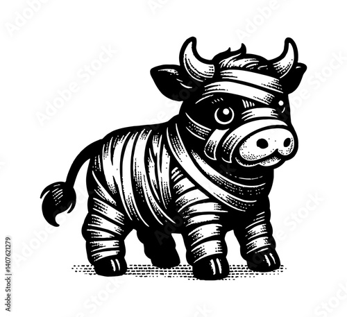 Cute cow as Halloween Mummy, wrapped in bandages, looking happy and tiny, Halloween theme