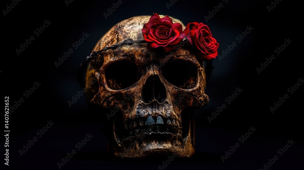 Obraz premium Gothic skull adorned with a beautiful flower crown set against a mysterious black background for a dark aesthetic