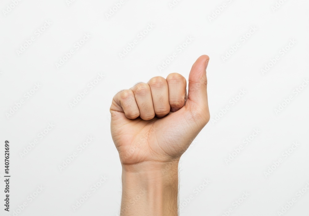 A hand with a closed fist and thumb extended upward against a plain white background in studio lighting A hand with a closed fist and thumb extended upward against a plain white background in studio lighting