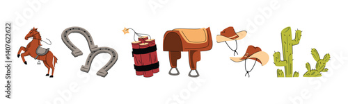 A vibrant cartoon style illustration featuring western themed objects like a horse, horseshoe, dynamite, and cowboy hat, evoking adventure.