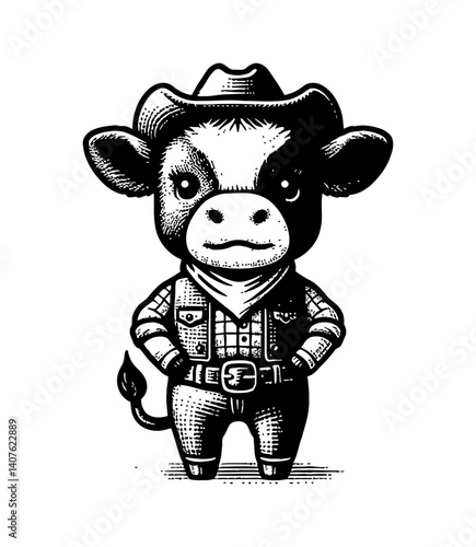 Adorable cow in cowboy outfit looking happy, wearing hat and bandana, tiny cute