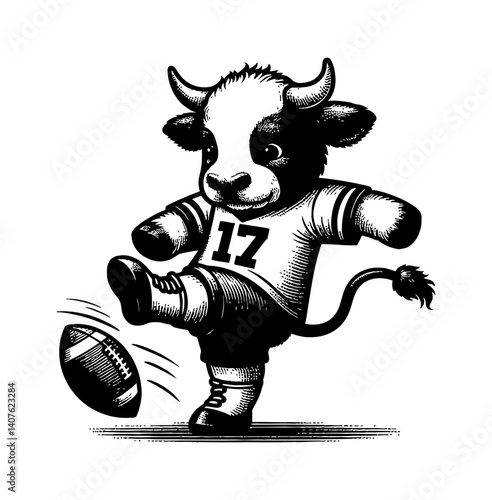 Tiny cute cow kicking a ball happily wearing football jersey illustration
