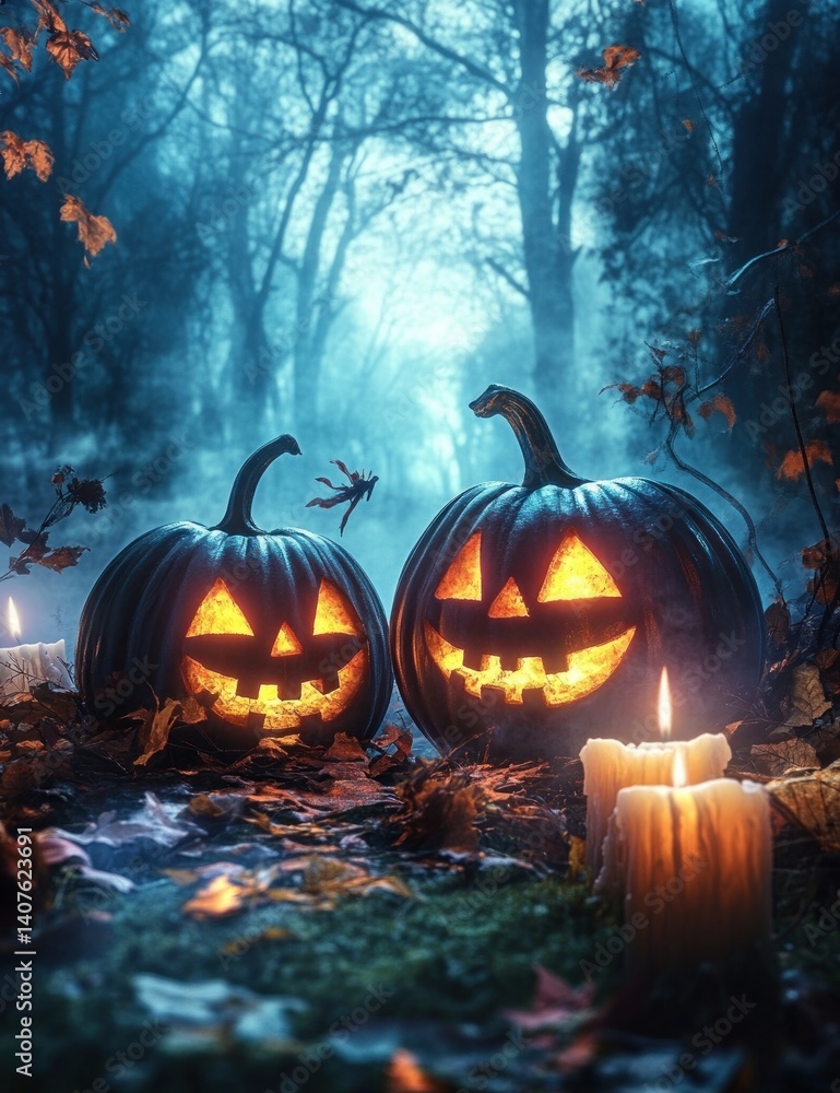 Glowing Jack-O'-Lanterns in Enchanted Forest at Night Glowing Jack-O'-Lanterns in Enchanted Forest at Night