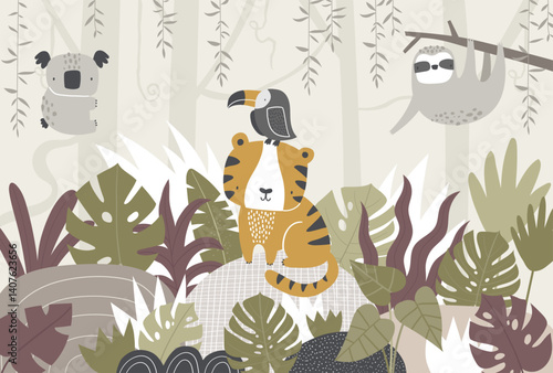 Vector illustration cute tiger, sloth, koala, toucan, tropical leaves, jungle. Tropical wallpaper for children's room. Kids room design, wall decor. Mural. Wall art. African. Safari.