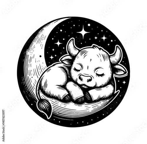 Tiny cute cow or bull sleeping peacefully on the moon in cartoon illustration style
