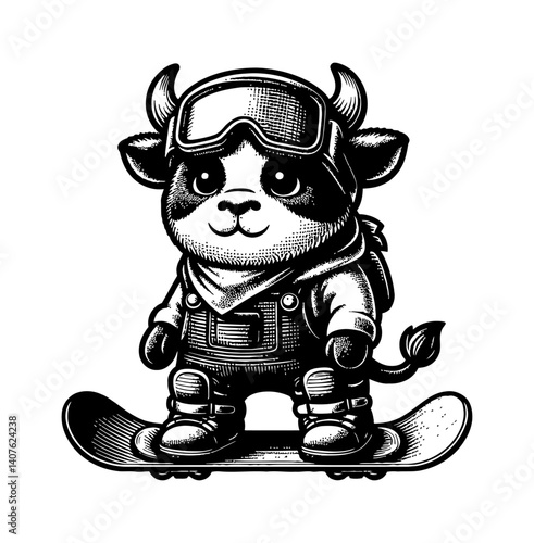 Cute cow snowboarding in winter gear with a happy expression and enjoying winter