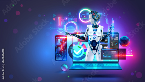 Ai bot programmer with laptop with code programs on screen. Artificial intelligence coder. Robot programmer. AI Software development technology. Ai chat bot create program code, programming on laptop.