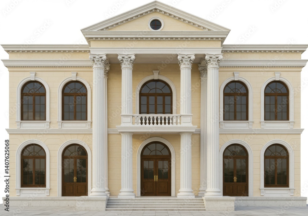 Fototapeta premium A frontal view of a two story building with columns and arched windows on a white background