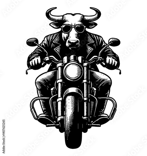 Cow with sunglasses and jacket riding a motorcycle. Cartoon funny animal character.