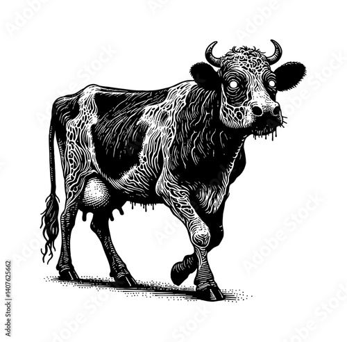 Cow Zombie Walking Forward Aggressively in a Cartoon Illustration Style with Gritted Teeth