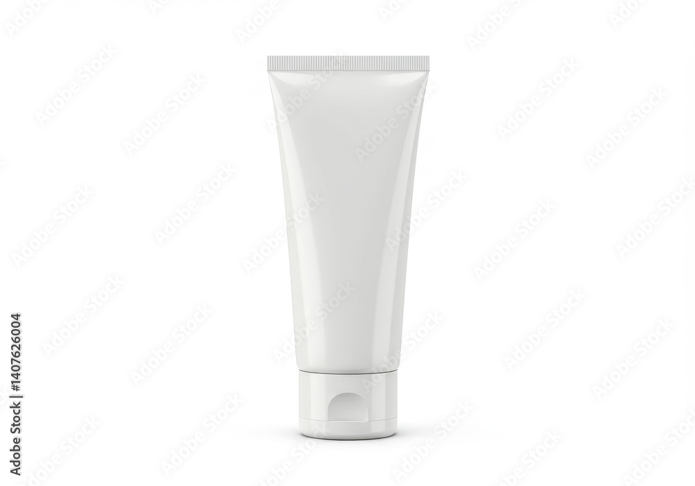 A close up of a plain white tube with a flip top cap on a white background in a studio setting A close up of a plain white tube with a flip top cap on a white background in a studio setting