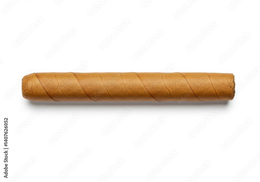 A single cigar with a light brown wrapper isolated on a white background in a horizontal shot view A single cigar with a light brown wrapper isolated on a white background in a horizontal shot view