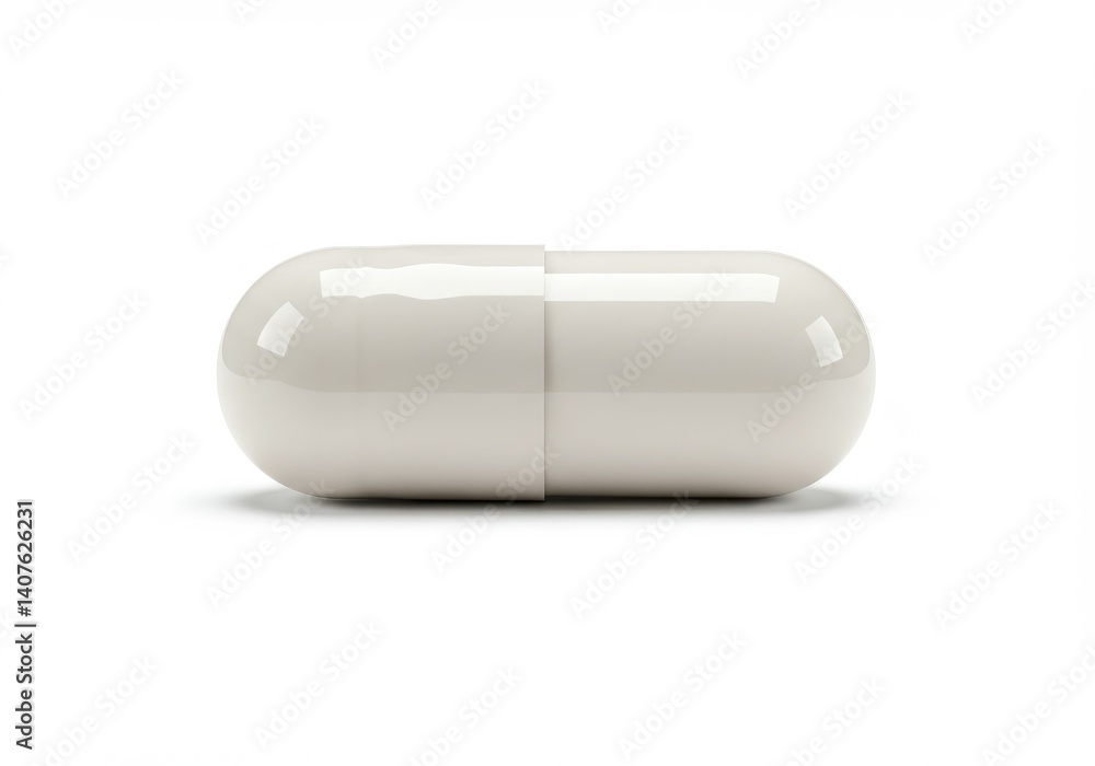 A single white capsule pill isolated on a plain white surface in a horizontal composition view A single white capsule pill isolated on a plain white surface in a horizontal composition view