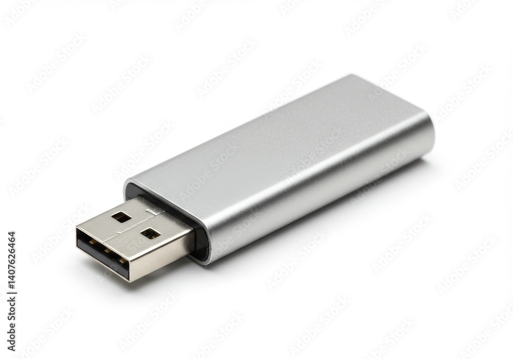 A close up view of a silver usb drive on a white background in a studio setting with soft lighting