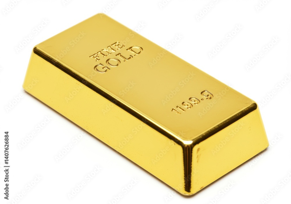 A shiny gold bar with fine gold inscription and weight marking on a white background surface view A shiny gold bar with fine gold inscription and weight marking on a white background surface view