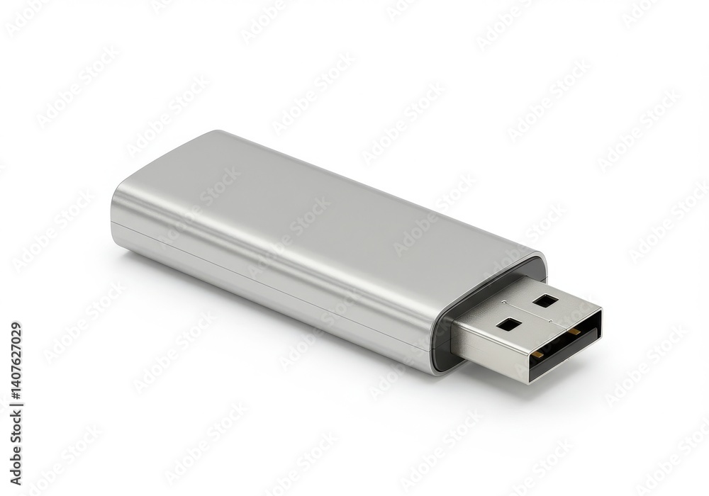 A silver usb flash drive with a rectangular shape isolated on a plain white background surface view A silver usb flash drive with a rectangular shape isolated on a plain white background surface view