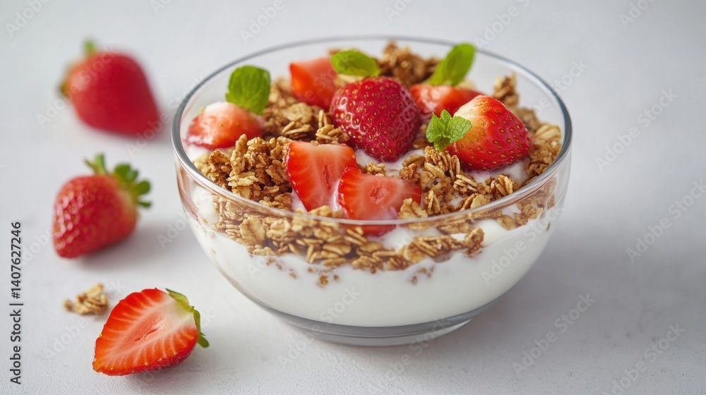 A beautifully plated dessert topped with fresh fruits and granola, showcasing an elegant presentation. A beautifully plated dessert topped with fresh fruits and granola, showcasing an elegant presentation.