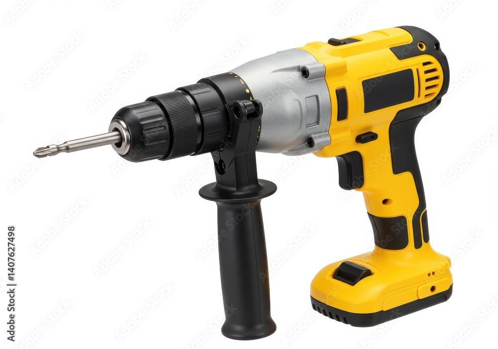 A yellow and silver cordless drill with a black handle on a white background in a studio shot A yellow and silver cordless drill with a black handle on a white background in a studio shot