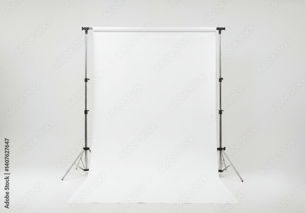 A studio setup featuring a white backdrop with two stands in a minimalist composition style shot A studio setup featuring a white backdrop with two stands in a minimalist composition style shot