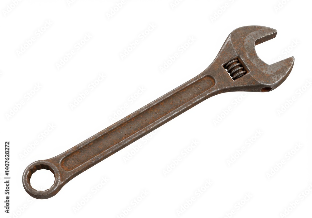 Isolated image of an adjustable wrench with visible signs of rust and wear on a white background Isolated image of an adjustable wrench with visible signs of rust and wear on a white background