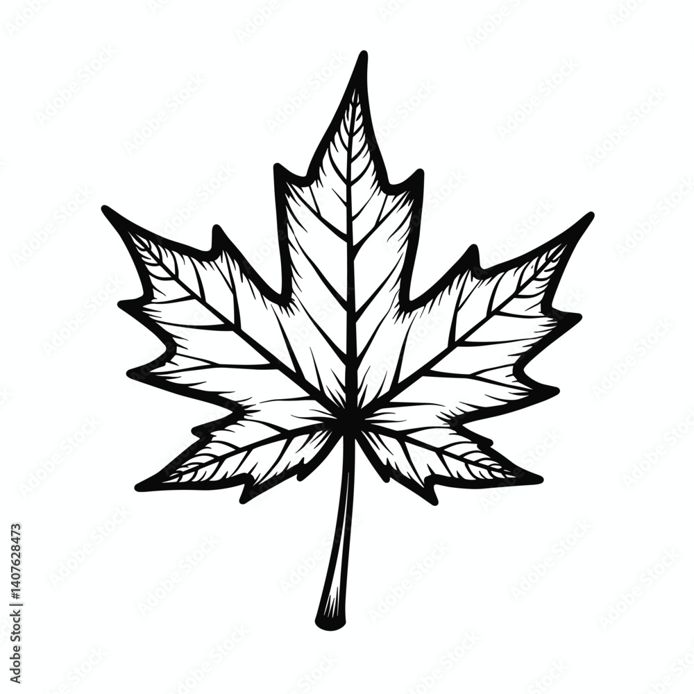 Stylized black and white drawing of a single maple leaf with sharp lines and distinct segments. Stylized black and white drawing of a single maple leaf with sharp lines and distinct segments.