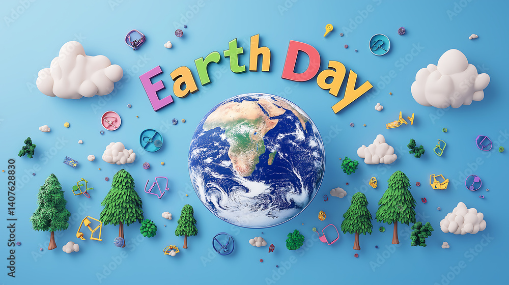 Naklejka premium Earth day celebration concept with globe trees and clouds illustration