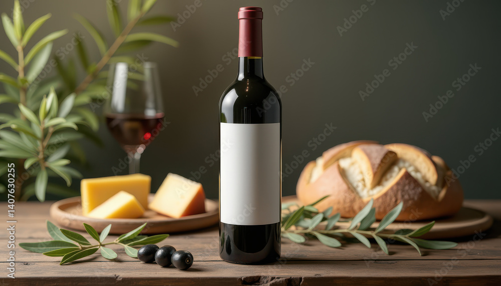 Naklejka premium Wine bottle label mockup. Wine bottle with blank label next to cheese, bread and olive branches on rustic table for winery branding or food pairing promotions