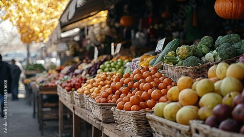 Outdoor fruit market stall, autumn, people browsing.  Possible use stock photo