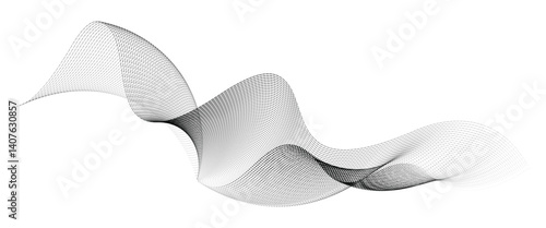 Dynamic particle waves in a halftone gradient form a flowing dot curve against a white backdrop, embodying technology, sound, music, and modern aesthetics.